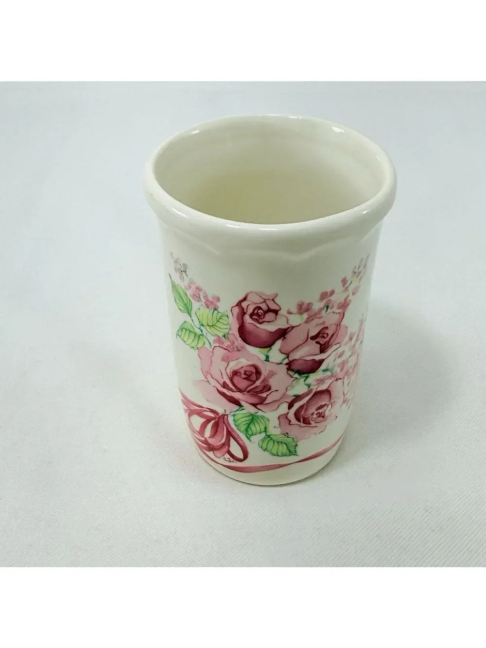 Vintage Potpourri Press Roses Ribbons Vase Flowers Pink Bouquet Toothpick Holder